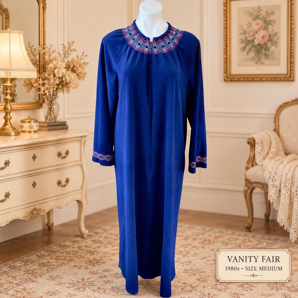 Vintage Vanity Fair 1980s Navy Velour Zip Robe Chevron Embroidered Medium